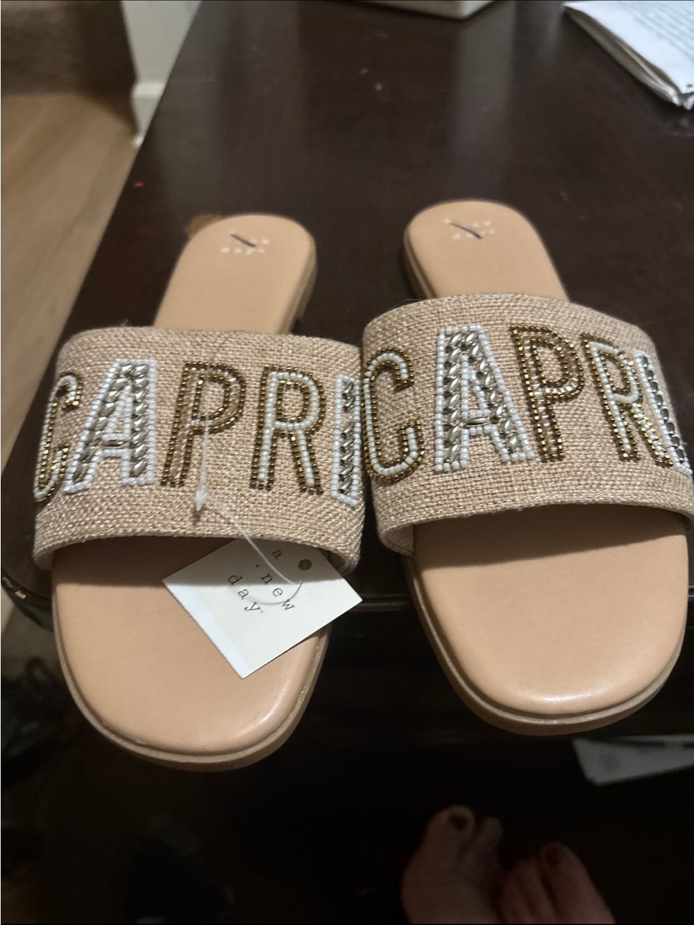 Beaded Capri Slide Sandals in Beige